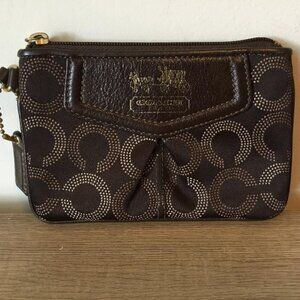 Coach Madison Brown Satin Fabric Wristlet Leather Trim Horse & Carriage Emblem